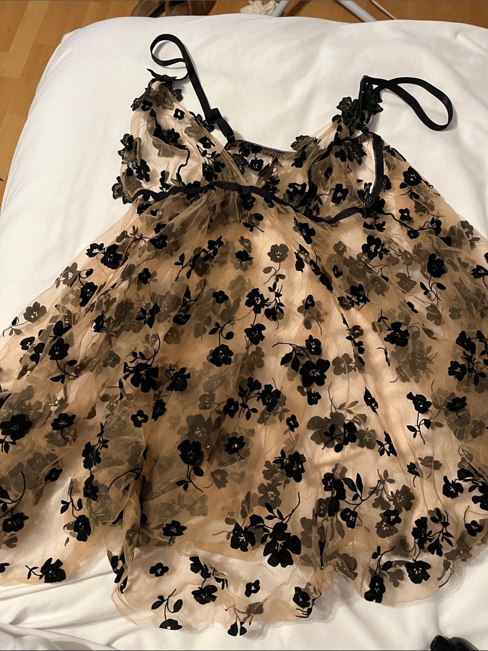 3 Piece Sheer Floral Embroidered Chemise - with Bra and Panties Black on Nude